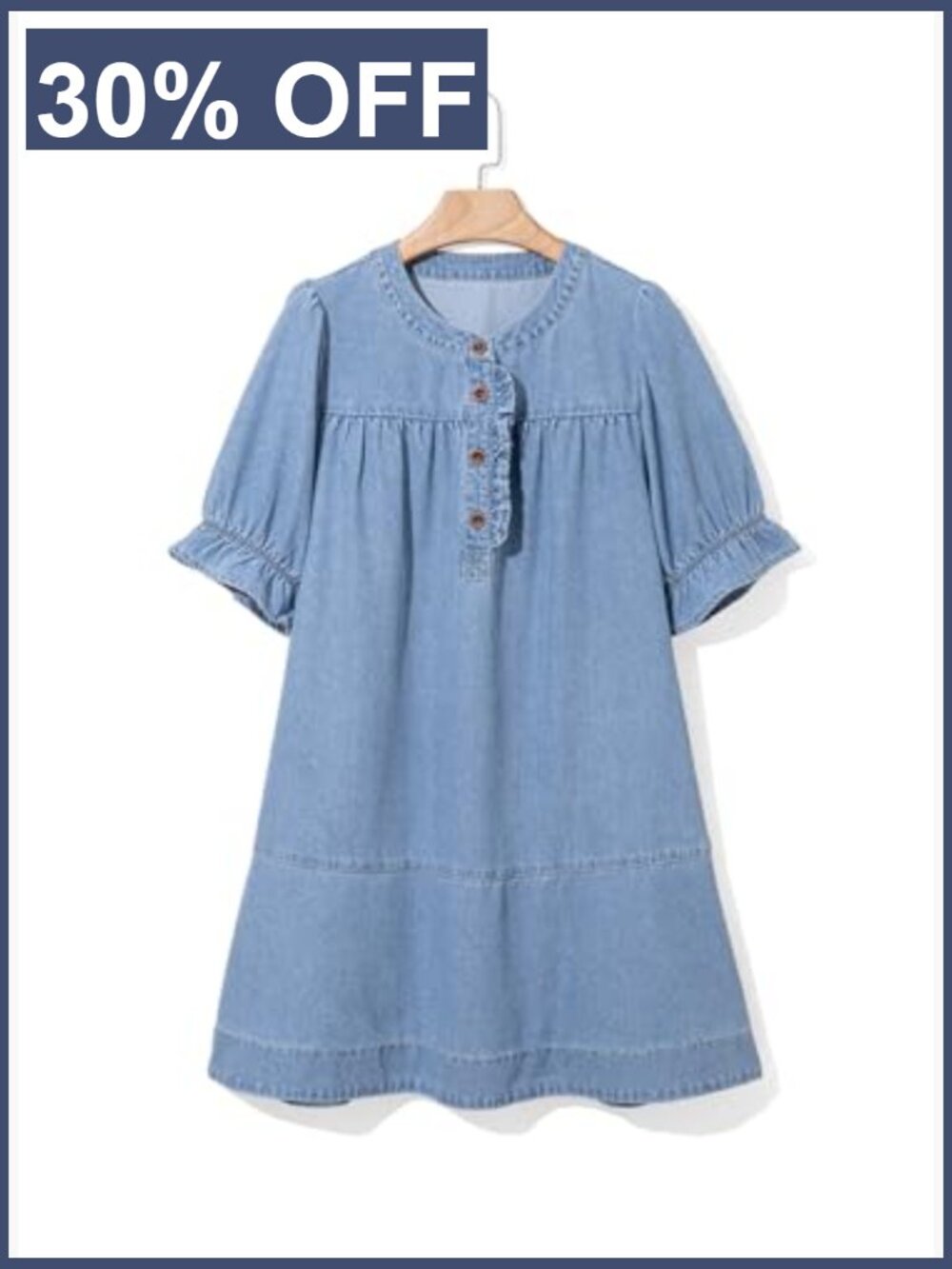 Denim Babydoll Dress with Short Sleeves and Button Front - Picture 4 of 7